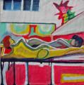 liegende Akte mit Hahn, 2008, 100 x100cm, Acryl auf papier